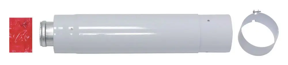 Teleskopverlängerung aus Aluminium in weißer Farbe mit einem Anschluss und einer Halterung, geeignet für Luft- und Abgasführung, hergestellt von Vaillant.